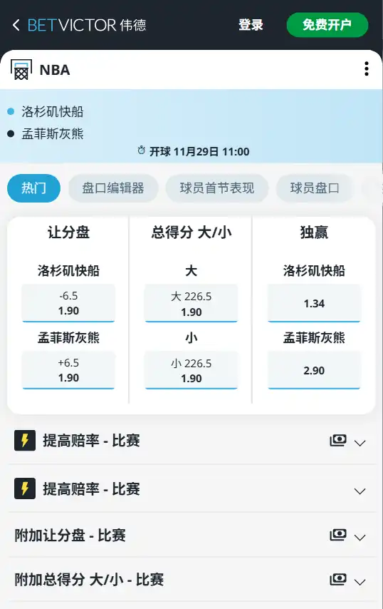 快船vs灰熊-NBA博彩赔率和盘口信息-伟德(betvictor)提供