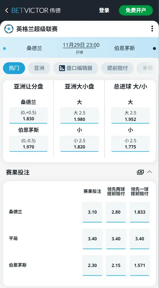 桑德兰vs伯恩茅斯-英超博彩赔率和盘口信息-伟德(betvictor)提供