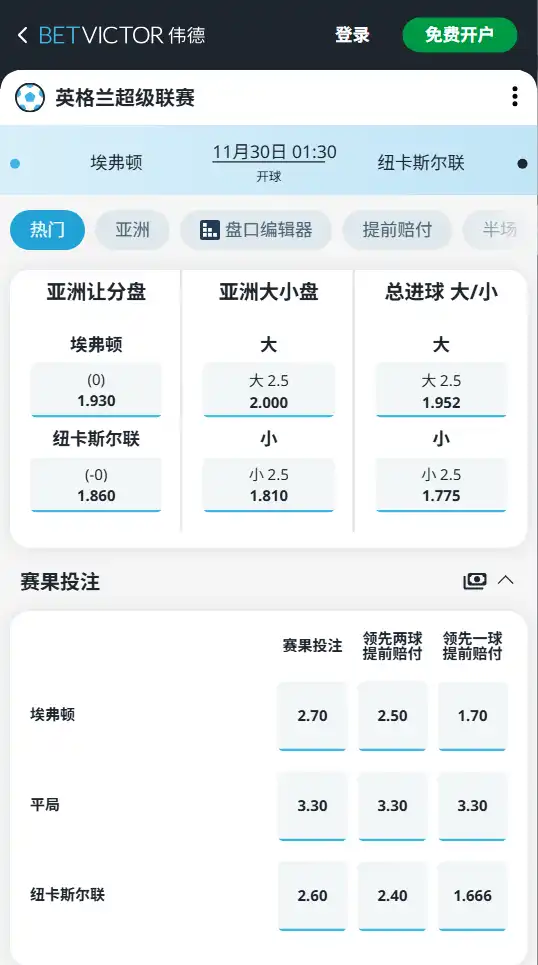 埃弗顿vs纽卡斯尔联-英超博彩赔率和盘口信息-伟德(betvictor)提供