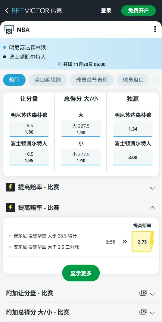 森林狼vs凯尔特人-NBA博彩赔率和盘口信息-伟德(betvictor)提供
