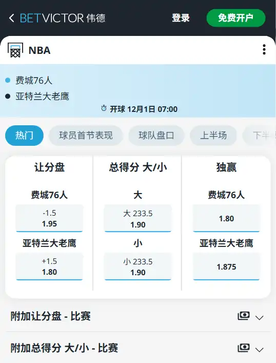 76人vs老鹰-NBA博彩赔率和盘口信息-伟德(betvictor)提供