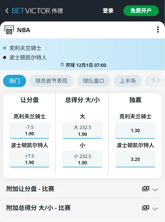 凯尔特人vs骑士NBA博彩赔率和盘口信息-伟德(betvictor)提供