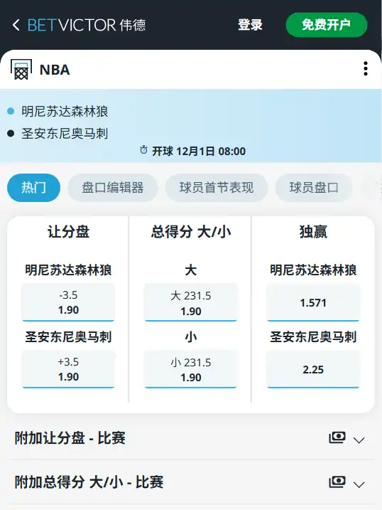 马刺vs森林狼-NBA博彩赔率和盘口信息-伟德(betvictor)提供
