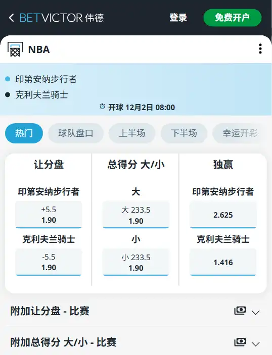 骑士vs步行者-NBA博彩赔率和盘口信息-伟德(betvictor)提供