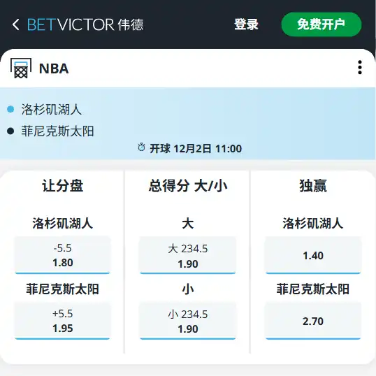 太阳vs湖人-NBA博彩赔率和盘口信息-伟德(betvictor)提供