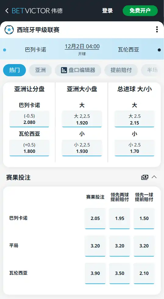 巴列卡诺vs瓦伦西亚-西甲博彩赔率和盘口信息-伟德(betvictor)提供