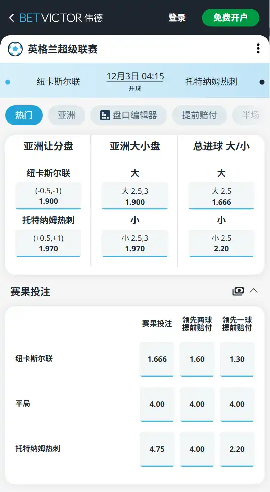 纽卡斯尔联vs热刺-英超博彩赔率和盘口信息-伟德(betvictor)提供