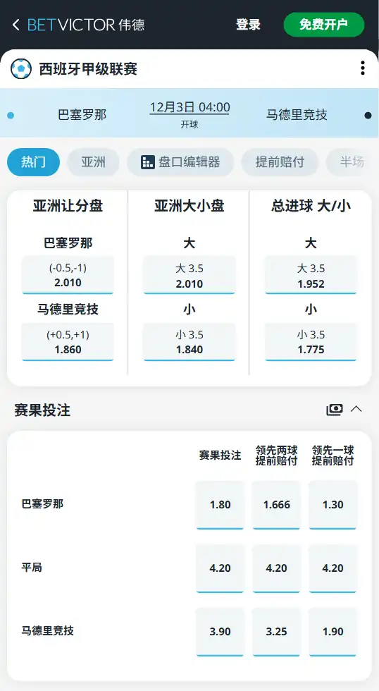 巴塞罗那VS马竞-西甲博彩赔率和盘口信息-伟德(betvictor)提供