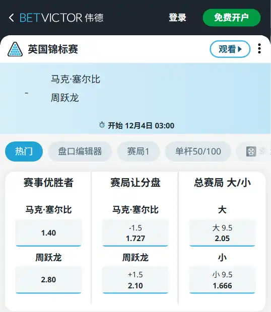 塞尔比vs周跃龙-斯洛克英锦赛博彩赔率和盘口信息-伟德(betvictor)提供