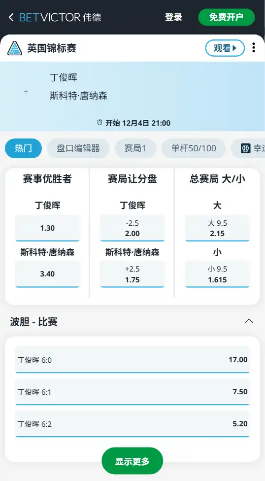 丁俊晖vs唐纳森 -斯洛克英锦赛博彩赔率和盘口信息-伟德(betvictor)提供