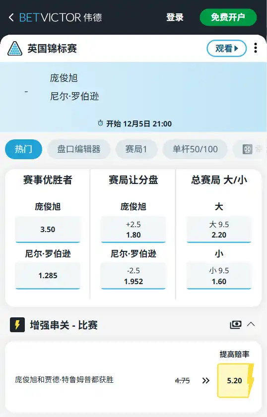 庞俊旭vs罗伯逊-上英国锦标赛博彩赔率和盘口信息-伟德(betvictor)提供