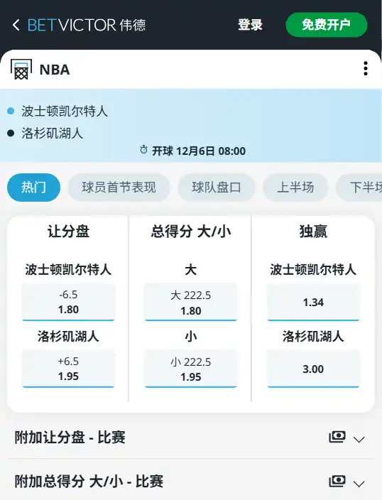 湖人vs凯尔特人-NBA博彩赔率和盘口信息-伟德(betvictor)提供
