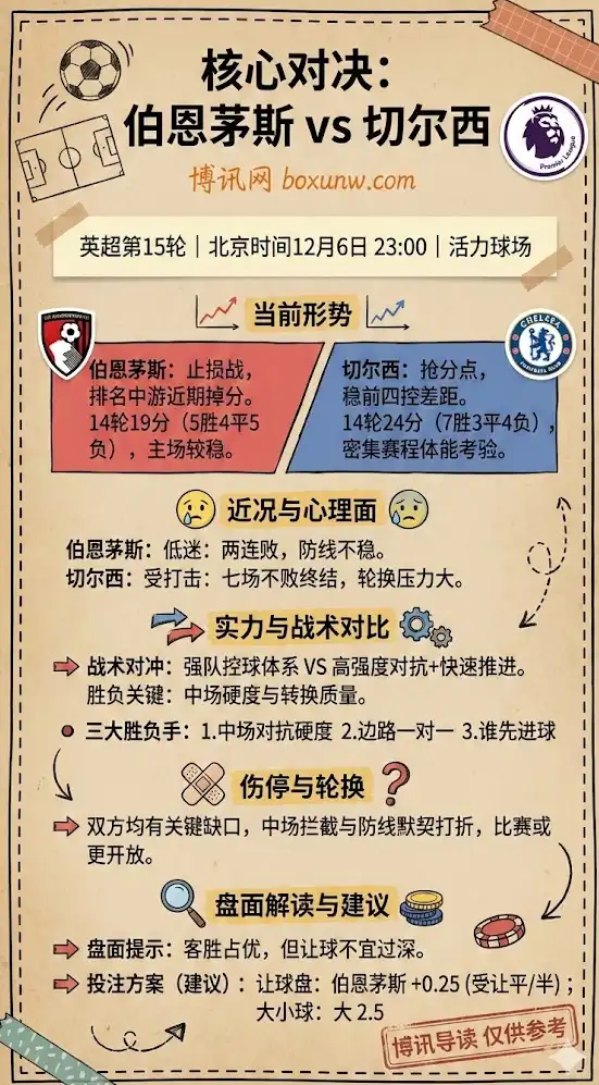 伯恩茅斯vs切尔西 | 英超第15轮 | 前瞻解析与盘口建议