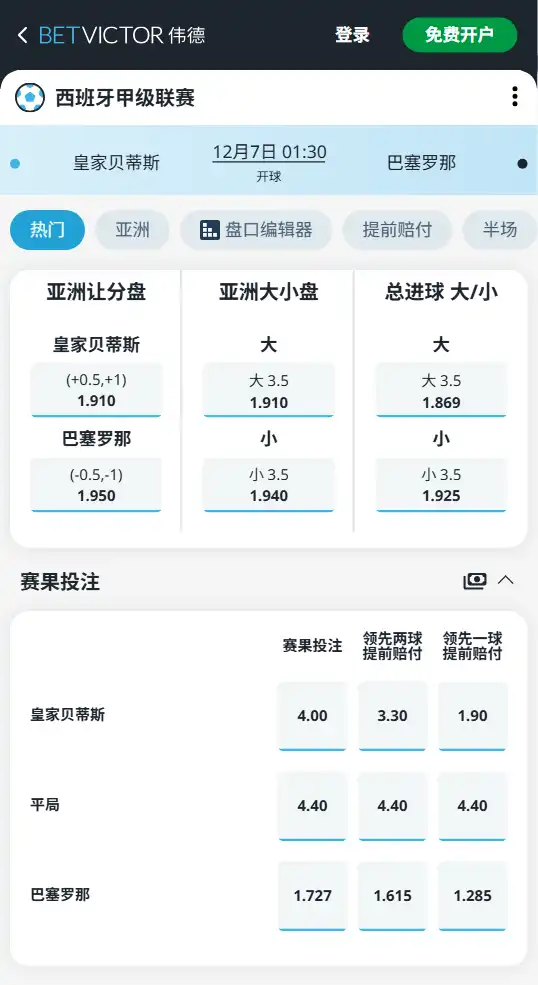 皇家贝蒂斯vs巴塞罗那-西甲博彩赔率和盘口信息-伟德(betvictor)提供