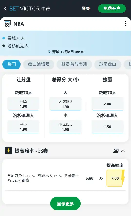 湖人vs76人-NBA博彩赔率和盘口信息-伟德(betvictor)提供