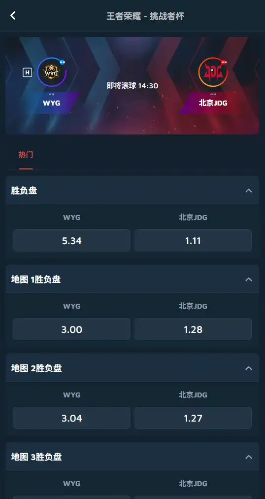 WYG vs JDG-王者荣耀 - 挑战者杯博彩赔率和盘口信息-Dafabet提供