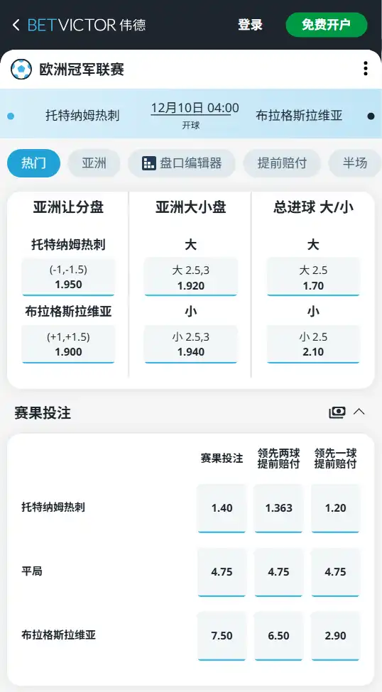 热刺vs布拉格斯拉维亚-欧冠博彩赔率和盘口信息-伟德(betvictor)提供