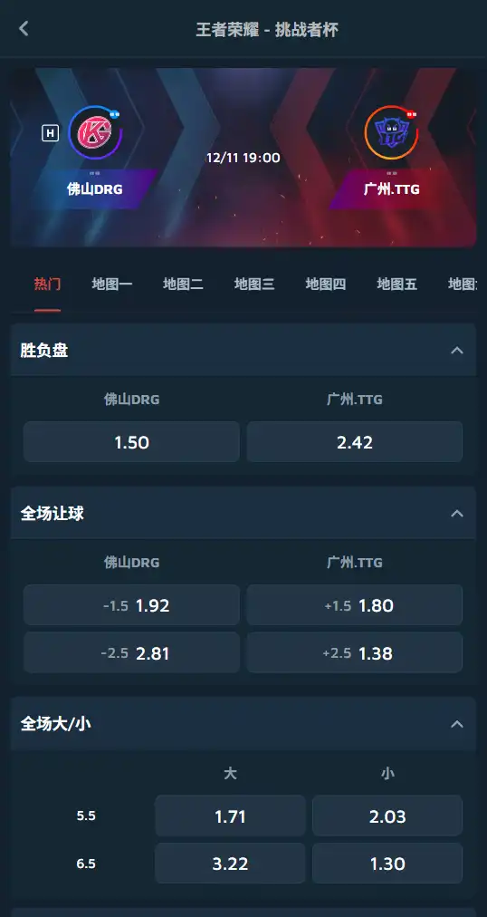 DRG vs TTG | 王者荣耀挑战者杯赔率和盘口信息-Dafabet提供