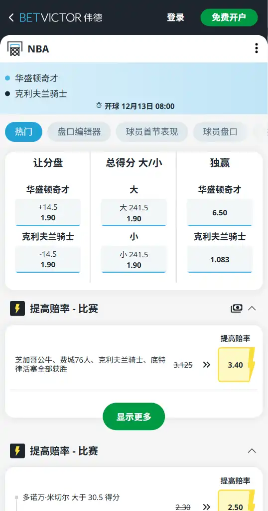 骑士vs奇才-NBA博彩赔率和盘口信息-伟德(betvictor)提供