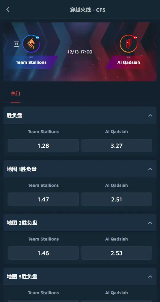 穿越火线CFS - Team Stallions vs Al Qadsiah - 赔率和盘口信息-(Dafabet)提供
