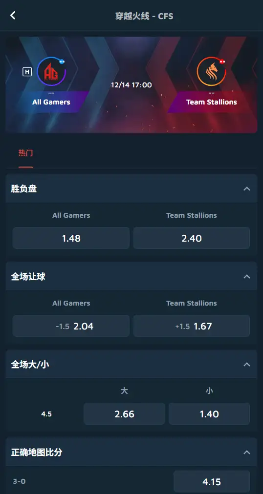 CFS世界总决赛 AG cs STS 赔率和盘口信息-沙巴体育(Dafabet)提供