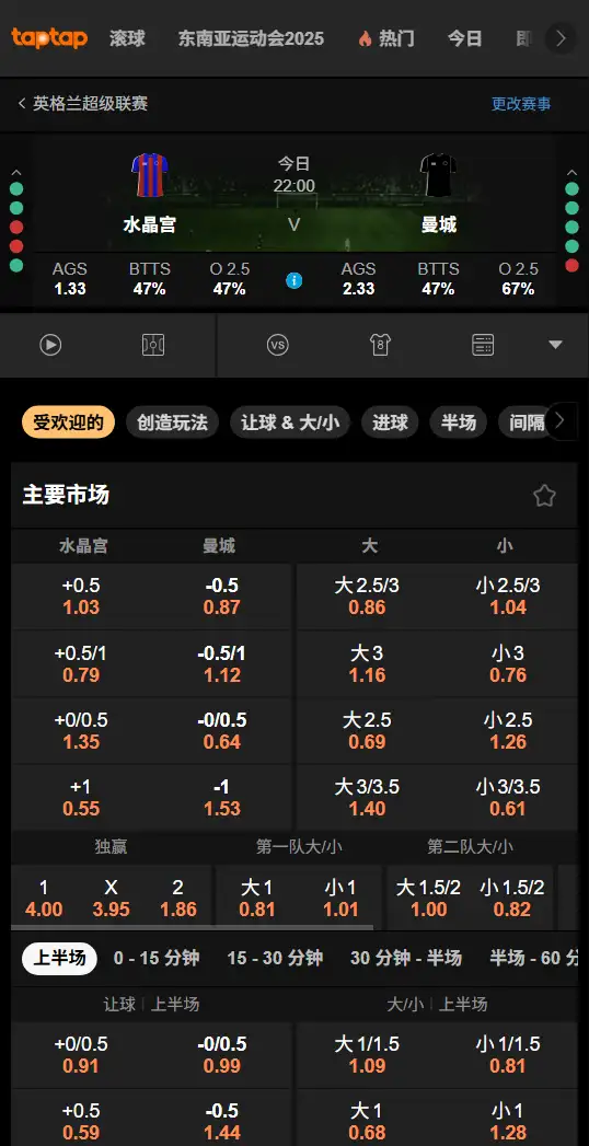 水晶宫vs曼城,英超赔率和盘口信息-188bet(taptap)提供