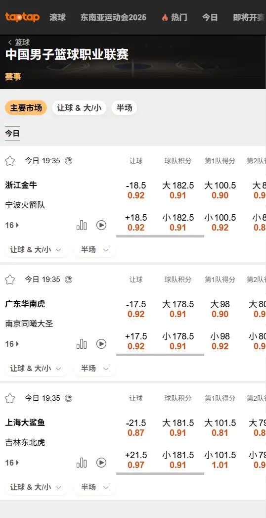 CBA比赛赔率和盘口信息-188bet(taptap)提供