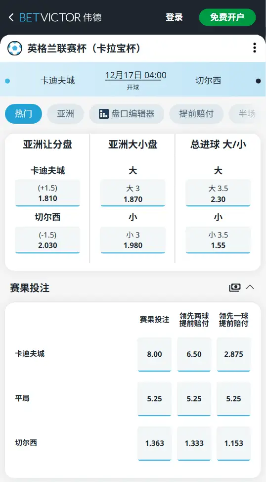 卡迪夫城vs切尔西,英格兰联赛杯赔率和盘口信息-伟德(BetVictor)提供