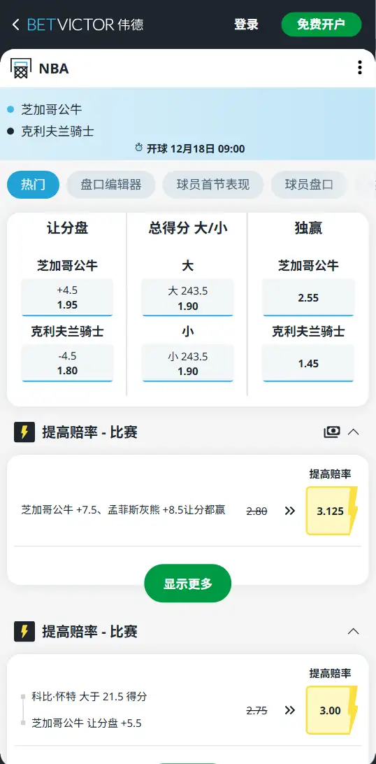 公牛vs骑士-NBA博彩赔率和盘口信息-伟德(betvictor)提供