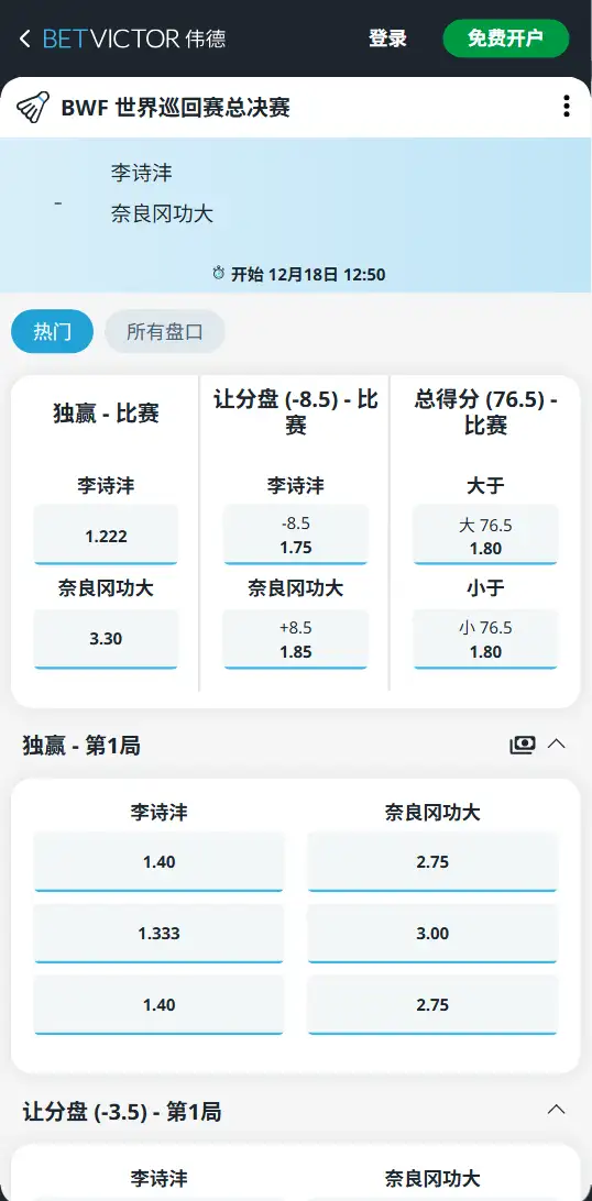 李诗沣vs奈良冈功大-2025年BWF世界巡回赛年终总决赛男单-赔率信息-伟德(BetVictor)