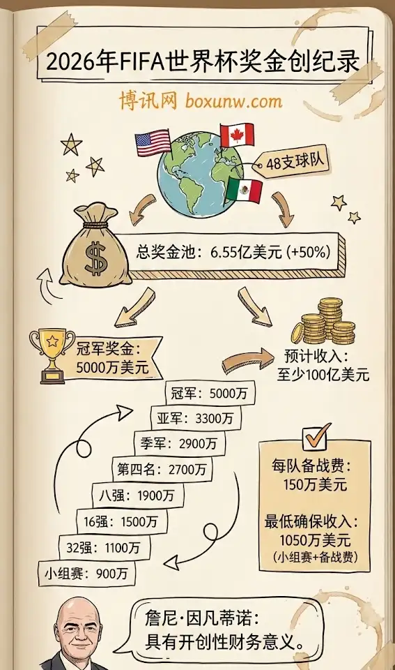 2026世界杯奖金分配 | 冠军奖金5000万 | 总奖金6.55亿