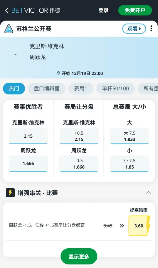 维克林vs周跃龙-斯洛克苏格兰公开赛赔率盘口信息伟德(BetVictor)提供