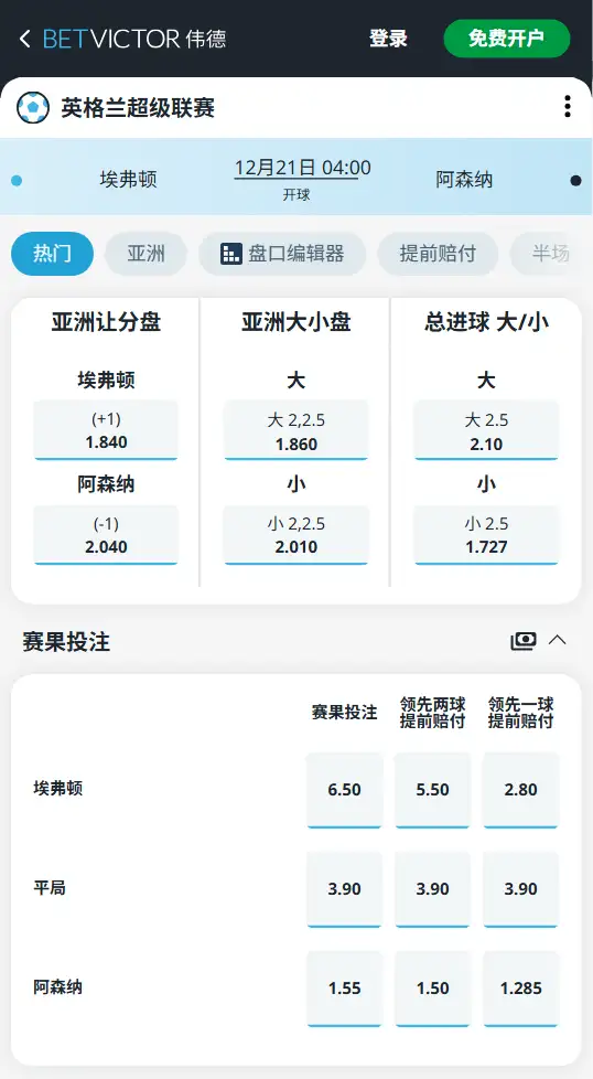 埃弗顿vs阿森纳,英超赔率和盘口信息-188bet(taptap)提供