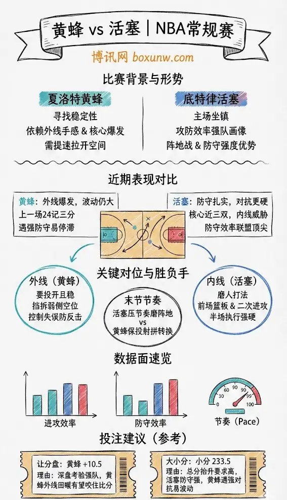 黄蜂vs活塞 | NBA常规赛 | 赛前形势、伤病盘面与投注建议