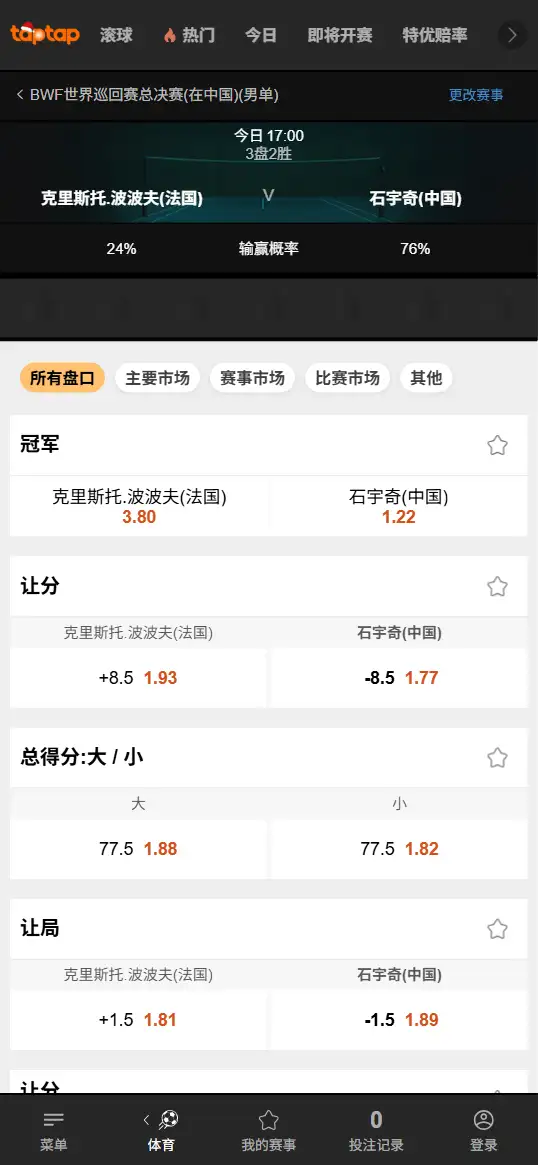 波波夫 vs 石宇奇 | BWF世界巡回赛总决赛男子单打 | 赔率信息 | 188bet(TapTap)提供