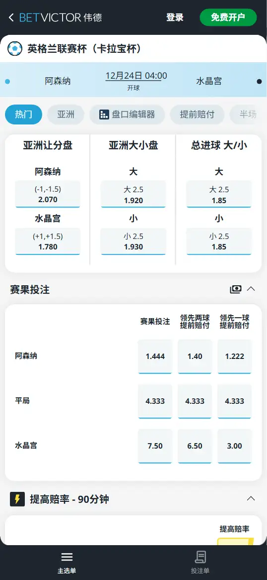阿森纳vs水晶宫,英联杯赔率和盘口信息-伟德(BetVictor)提供
